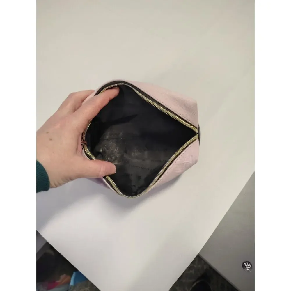 Victoria's Secret Cosmetic Pink/Black Gold Logo Metal Bow Zip Travel Bag